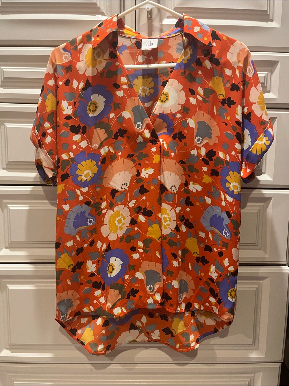 CAbi Orange Floral V-Neck Top with Multicolor Blooms